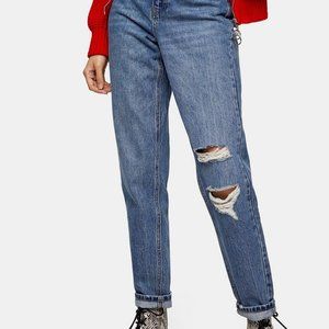 Topshop Mid Blue Ripped Mom Tapered Jeans